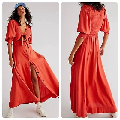 #ad Free People Linen Maxi Dress Smocked Orange String Of Hearts Button Front Small $39.99