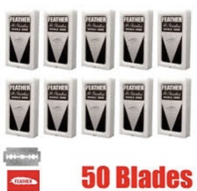 #ad 50 FEATHER Hi Stainless Platinum Double Edge Safety Razor Blades 10 Packs x 5 BK $16.90