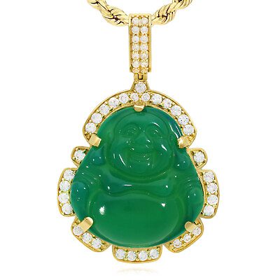 #ad 14K Yellow Gold Simulated Diamond Frame Green Jade Buddha Charm Pendant 1.7 2.2quot; $1429.67