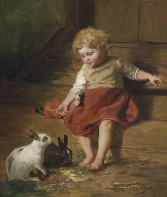 #ad Perfect Oil painting lovely little girl with animals rabbits handpainted canvas $69.29