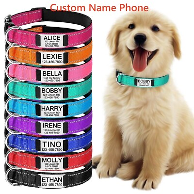 #ad Reflective Nylon Dog Collar Custom Personalized Pet Name ID Tag Adjustable XS XL $8.89