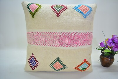 #ad Turkish Handmade Square Pillow Cover 16x16in Antique White Pink Kilim Pillow $42.00
