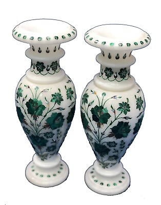 #ad 12quot; Malachite Stone Flower Vase Pot 2Pcs Semi Precious Luxury Gifts Decor $2246.40