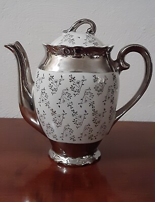 #ad Vintage Teapot Sterling White With Silver Rim Sterling China Made in Japan $19.96