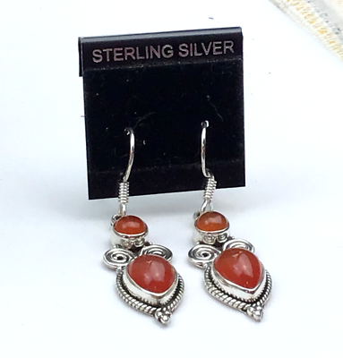 #ad Sterling Earrings 925 Silver Carnelian Gemstone Bali Hand Work Pierced Drop $24.00