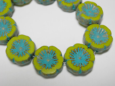 #ad 10 beads Avocado Green w Turquoise Picasso Czech Glass Flower Beads 14mm $7.19