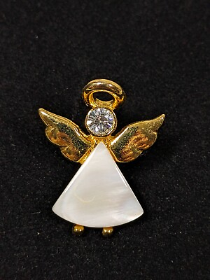 #ad Vintage White Shell Gold Tone Angel Rhinestone Small Pin Brooch Birthstone $6.99