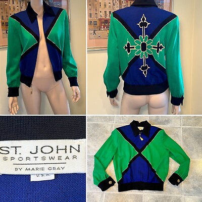 #ad Vtg ST JOHN Size 4 6 Small Metallic Gold Beaded Stretch Wool Knit Blazer Sweater $99.99