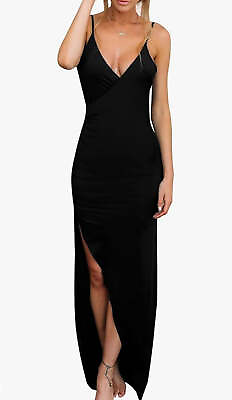 #ad Velius Women#x27;s Sexy Spaghetti Strap V Neck High Slit Backless Party Wrap Maxi Dr $21.59