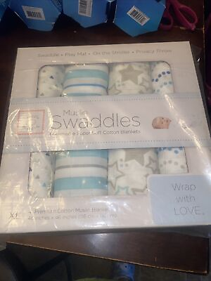 #ad SwaddleDesigns Cotton Muslin Swaddle Blankets Set of 4 Blue Starshine Shimmer $25.99