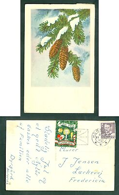 #ad Denmark. 1951 Christmas Card. Seal 15 Ore Horsens. SpruceConeSnow.Fredericia $2.85