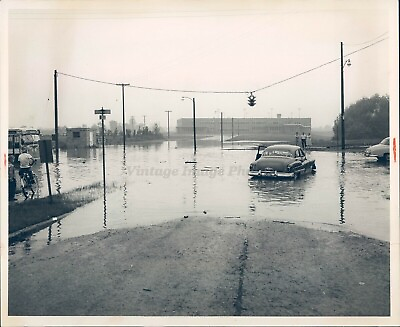 #ad 1956 Photo Flooding Disaster Car Light Poles Building People Vintage Image $19.99