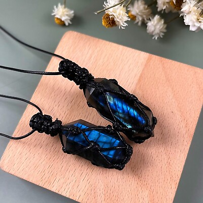 #ad Natural Labradorite Stone Pendant Wrap Necklace Crystal Point Charm Necklace $13.50