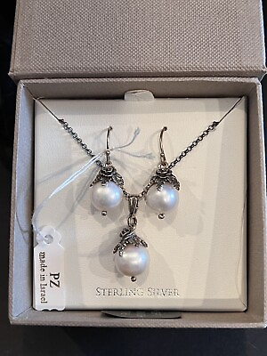 #ad Or Paz Israel 925 Sterling White Pearl 18quot; Necklace amp; Drop Earrings New $49.00