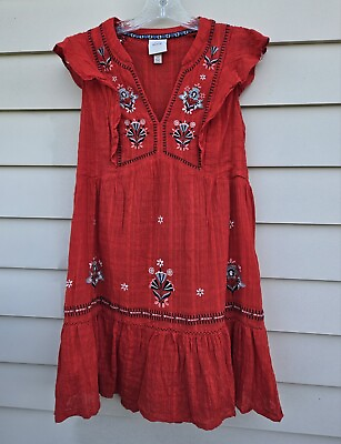 #ad Knox Rose Floral Embroidered Red Dress Womens Small Flutter Sleeve Lined $15.00