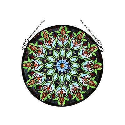 #ad Window Panel 26quot; Round Floral Design Tiffany Style Stained Glass ONE THIS PRICE $243.91