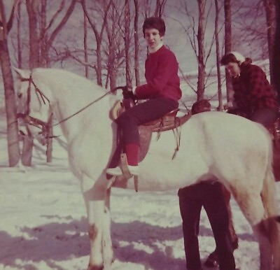 #ad Pretty Housewife Horseback Riding White Horse 1960s Woman Vtg Photo Winter Snow $9.99