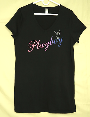 #ad Playboy Intimates Womens T Shirt Size 2X Black Bling Rhinestone Bunny Logo Tee $14.85