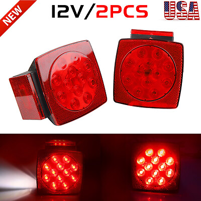 #ad 1 Pair Rear LED Submersible Square Trailer Tail Lights Kit Boat Truck Waterproof $15.99