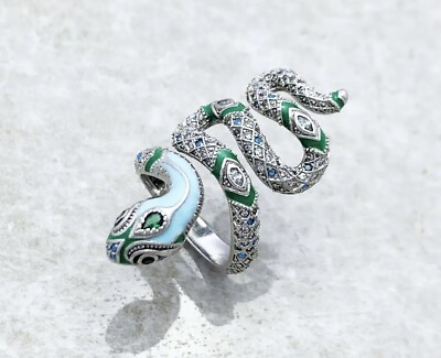#ad Sterling 925 Silver Snake Serpent Ring With CZ Crystals And Enamel Resizable GBP 29.99