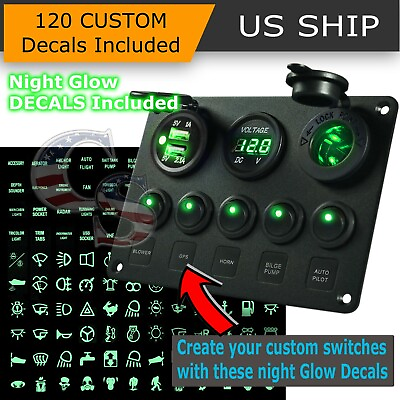 5 Gang On Off Green LED Toggle Switch Panel Voltmeter Dual USB Car Boat Marine $25.95