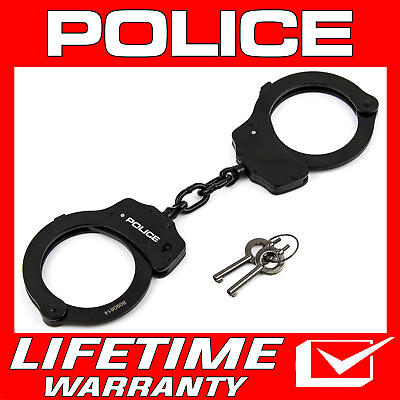 #ad POLICE Handcuffs Heavy Duty Metal Steel Professional Double Lock Black $15.99