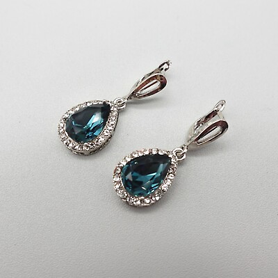 #ad Earrings Blue Teardrop Crystals Rhinestones Silver Tone Setting 1.5 Inch Dangle $10.39