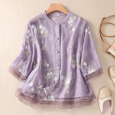 #ad New Spring Fall Women#x27;s Long sleeve Blouse Cotton embroidery Shirts Casual Tops $24.61
