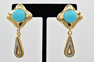 #ad Vintage Cabochon Clip Earrings Turquoise Blue Dangle Gold Chunky 1980s BinAE $27.96
