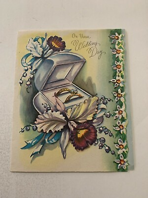 #ad Vintage 1950#x27;s On Your Wedding Day Greeting Card Rings and Flowers $19.99