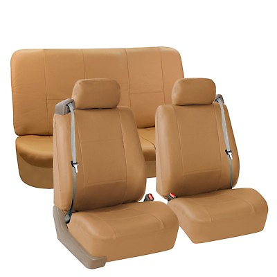 #ad Full Seat Covers PU Leather Set For Built In Seat belt Auto Car Sedan SUV Tan $59.99