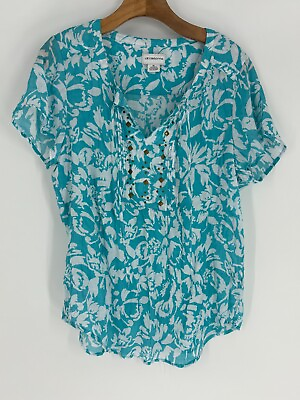 #ad NWOT Liz Claiborne Blue amp; White Floral Short Sleeve Shirt Women#x27;s Size XL $9.00