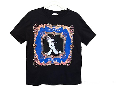 #ad Elton John World Tour 1992 1993 Zara Womens Black Double Sided Graphic Sz Small $18.95