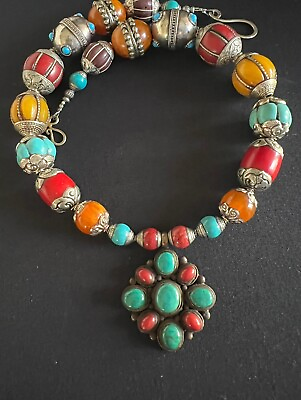 #ad Nepalese vintage Turquoise Coral Pendant amp; Capped Tibetan Bohemian Bead Necklace $220.15