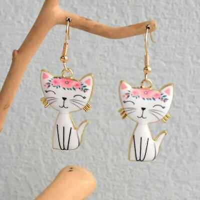 #ad Lovely Cat Design Dangle Earrings Cute Cartoon Style Zinc Alloy Jewelry Fashion $12.98