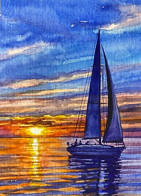 #ad Watercolor Painting Ocean Sunset Sailboat Sun Summer Vacation Seascape ACEO Art. $26.00