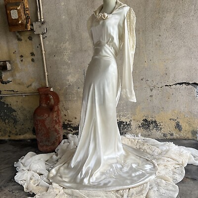 #ad Vintage 1930s White Silk Satin Dress Wedding Bridal Flowers Lace Harlow Bias Cut $385.00