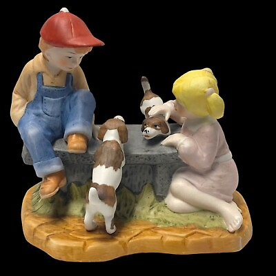 #ad Vintage Paul Sebastian 1991 Porcelain Figurine 2 Children amp; Puppy Dogs $9.95
