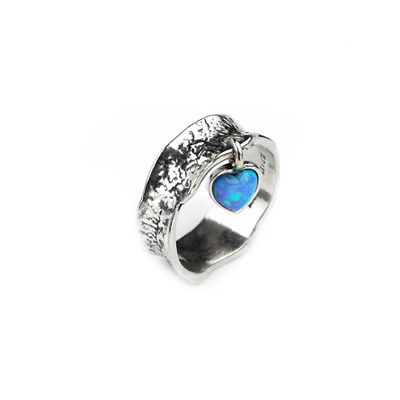 #ad Designer Silver Aviv Handmade Hammered Ring with Dangly Heart Opal GBP 55.00