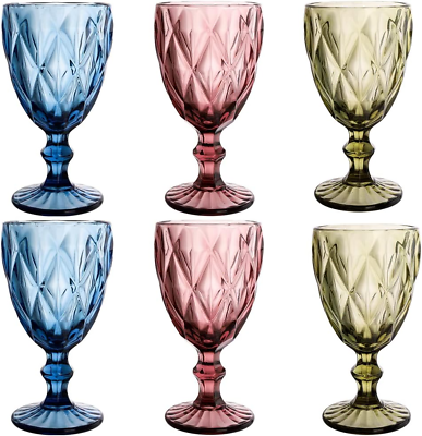 #ad Set of 6 Vintage Wine Glasses 10oz Colored Goblet Glass with Stem Romantic $31.89