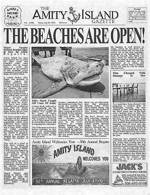 #ad 1975 Jaws Amity Island Gazette The Beaches Are Open Print Great White Shark $3.39