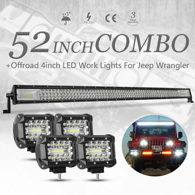 Offroad 52 INCH 3000W LED Light Bar 4quot; Pod Combo Kit For Jeep Wrangler JK TJ CJ $85.99