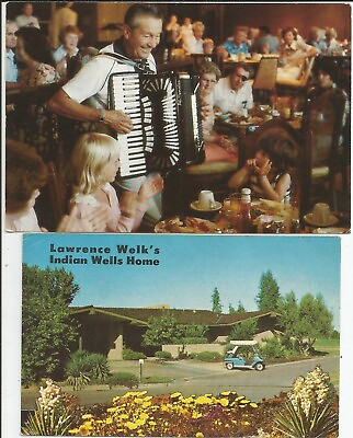 #ad Lawrence Welk playing at diners#x27; table plus his Indian Wells home on 2 postcards $8.50