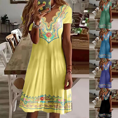#ad Womens Boho Floral Midi Dress Holiday Beach Ladies V Neck Short Sleeve Sundress. $19.11