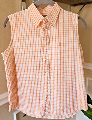 #ad Ralph Lauren Sport Girls Sleeveless Collared Shirt Peach Orange and White 8 $14.00
