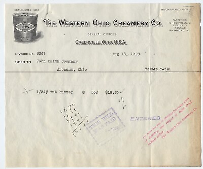 #ad 1920 BILLHEAD GREENVILLE OHIO WESTERN OHIO CREAMERY CO $5.49