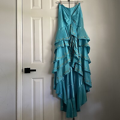 #ad La Femme Satin Turquoise Crystal Beaded Mermaid Tail Formal Tiered Maxi Skirt 4 $100.00