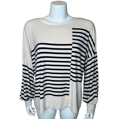 #ad Cabi Womens Box Stripe Tee Top M Puff Sleeves Pullover Cream Navy 4237 $19.99