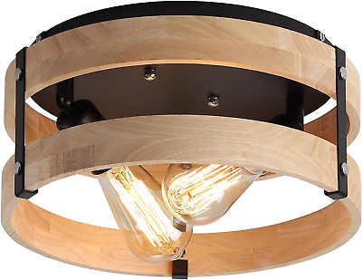 #ad Modern Farmhouse Flush Mount Light Fixture Two Light Metal and Wood round Drum R $121.27