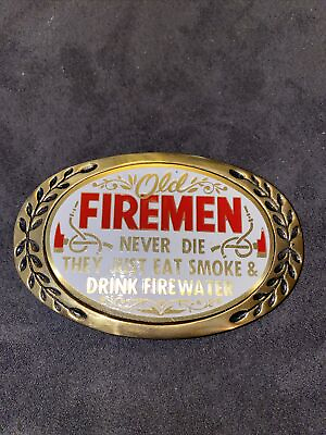#ad Amico Buckles Brass Old Firemen Never Die Eat Smoke Belt Buckle Vintage 1980 $15.00